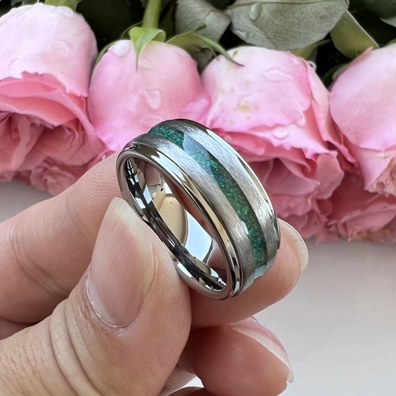 Newest Design Men's Wedding Bands 8mm Flat and Stepped Edges Mix Brushed Tungsten Carbide Ring with Green Opal Inlay China Factory