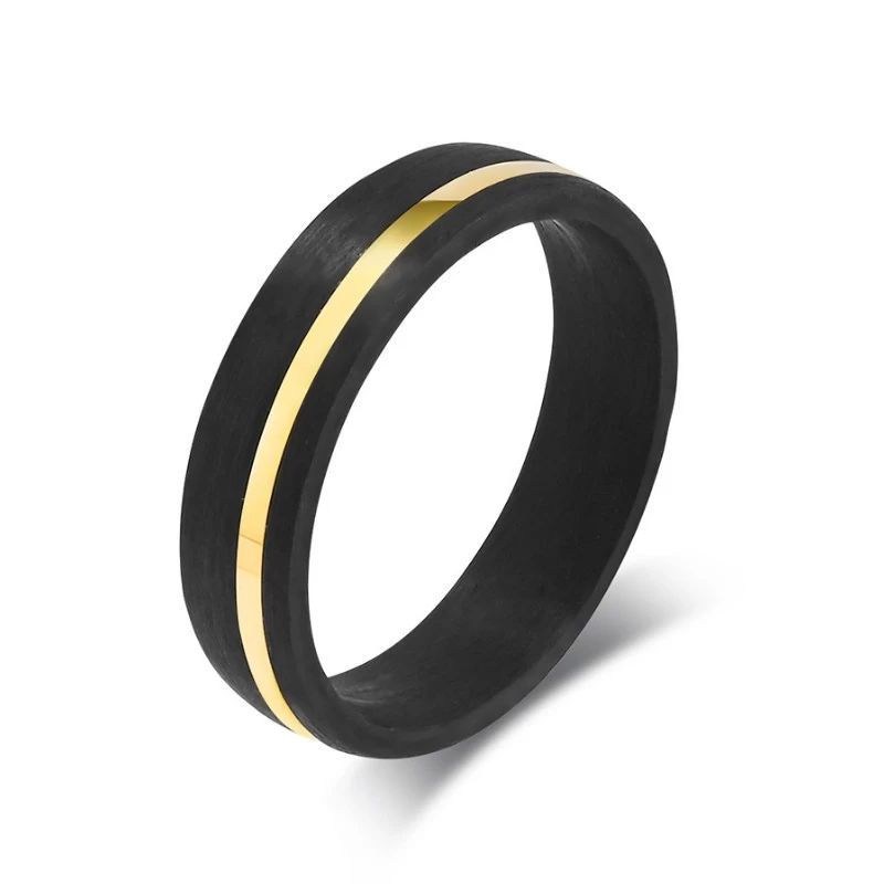 6 mm gewölbter schwarzer Kohlefaserring mit gold-/roségold-/silberfarbenem Edelstahlstreifen an der Seite und einem CZ-Stein. China-Hersteller