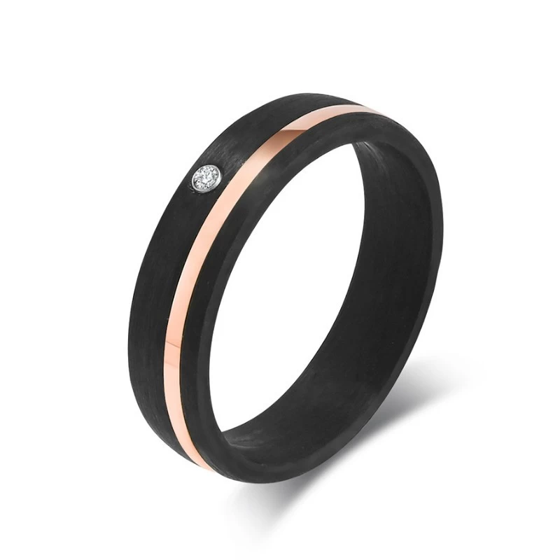 6 mm gewölbter schwarzer Kohlefaserring mit gold-/roségold-/silberfarbenem Edelstahlstreifen an der Seite und einem CZ-Stein. China-Hersteller