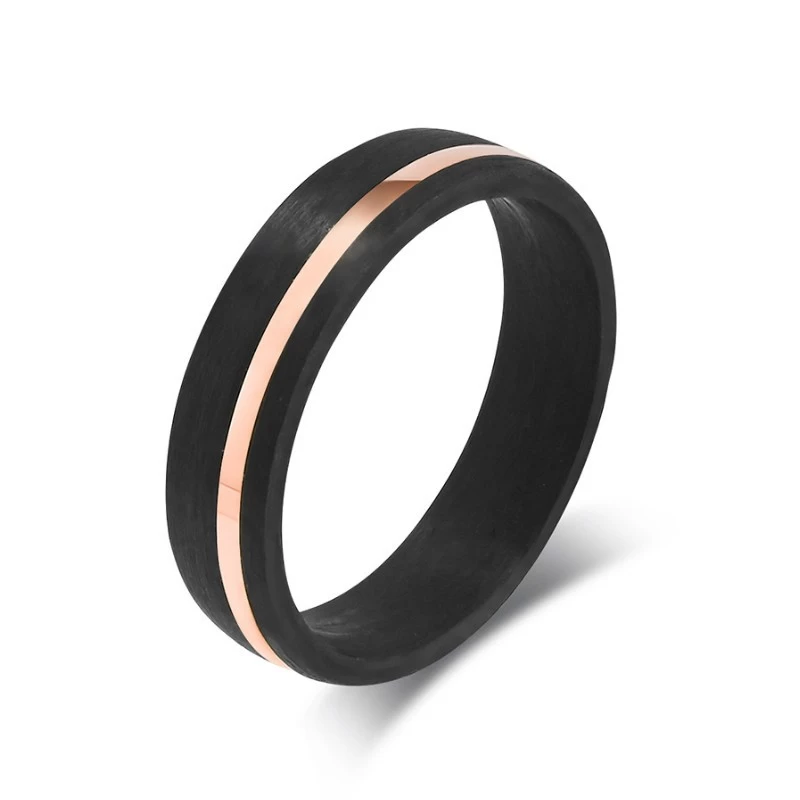 6 mm gewölbter schwarzer Kohlefaserring mit gold-/roségold-/silberfarbenem Edelstahlstreifen an der Seite und einem CZ-Stein. China-Hersteller