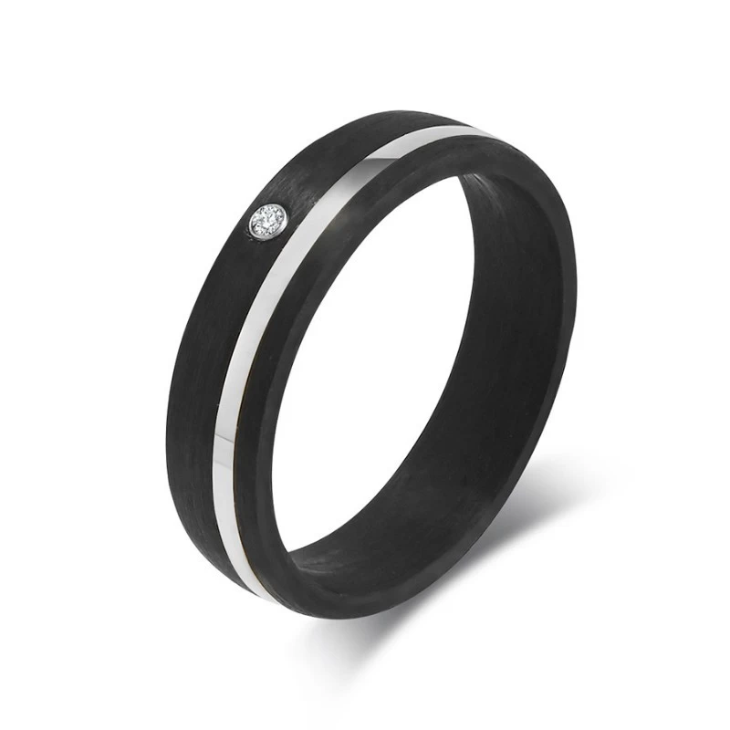 6 mm gewölbter schwarzer Kohlefaserring mit gold-/roségold-/silberfarbenem Edelstahlstreifen an der Seite und einem CZ-Stein. China-Hersteller