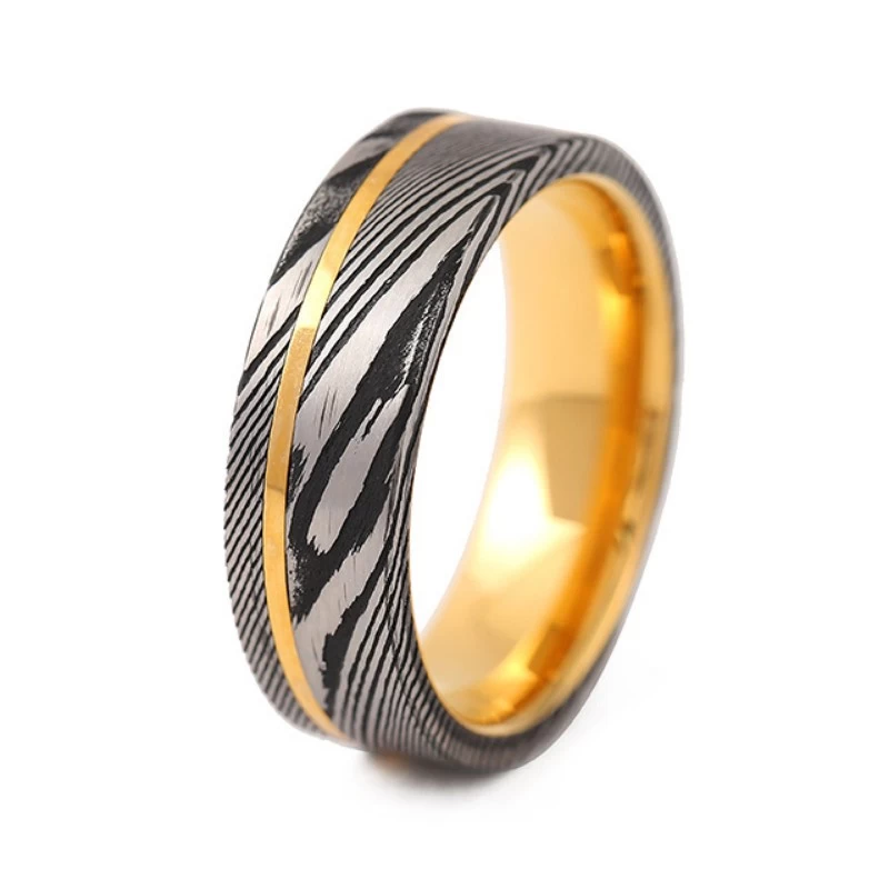 Hot Sale 8mm Gold Tungsten and Black Silver Damascus Steel Wedding Band with a Gold Stripe on the Side for Men China Supplier