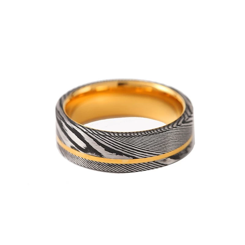 Hot Sale 8mm Gold Tungsten and Black Silver Damascus Steel Wedding Band with a Gold Stripe on the Side for Men China Supplier