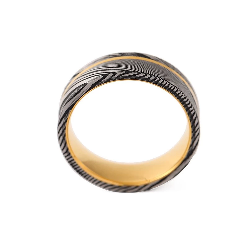 Hot Sale 8mm Gold Tungsten and Black Silver Damascus Steel Wedding Band with a Gold Stripe on the Side for Men China Supplier