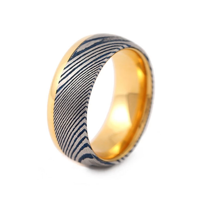 Heißer Verkauf 8 mm gewölbter goldener Wolfram- und blau-silberner Damaskus-Stahl-Ehering für Männer, China-Lieferant