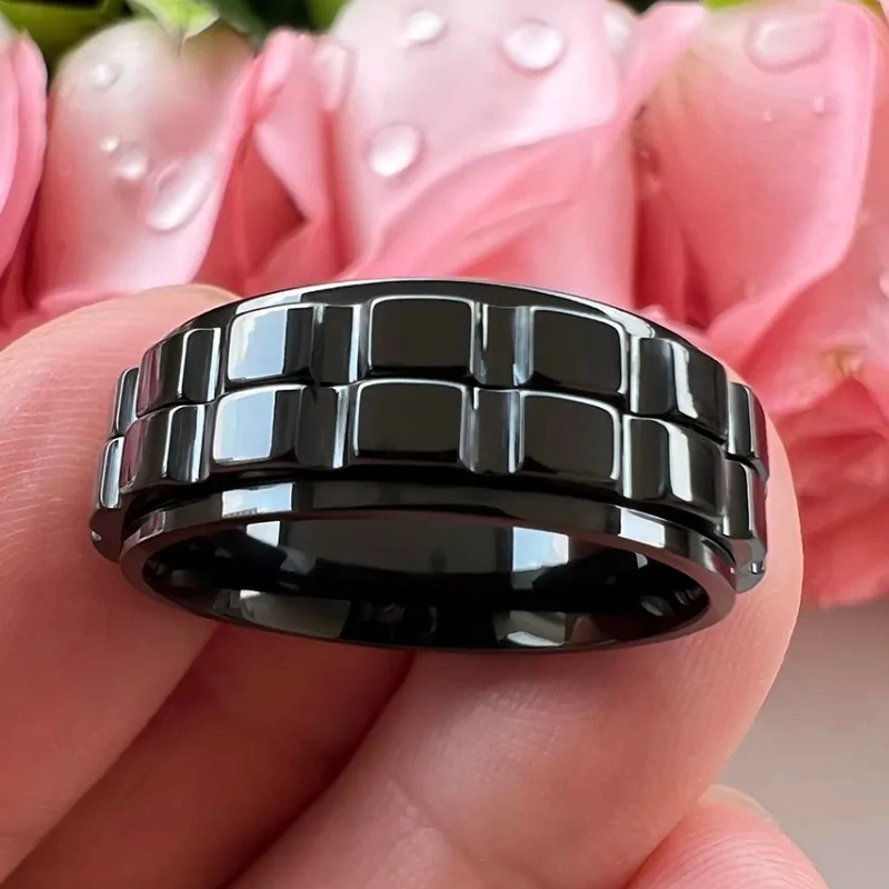 Anello spinner da uomo in tungsteno nero dal design speciale, ottima fattura, vestibilità comoda, produttore cinese