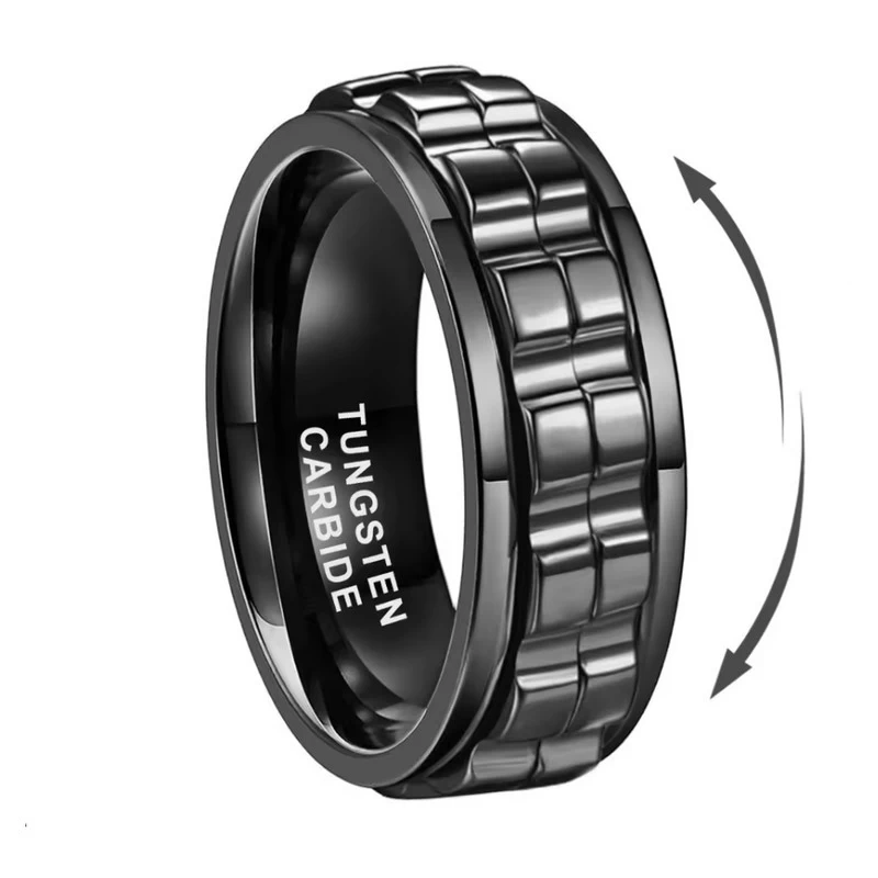 Anello spinner da uomo in tungsteno nero dal design speciale, ottima fattura, vestibilità comoda, produttore cinese
