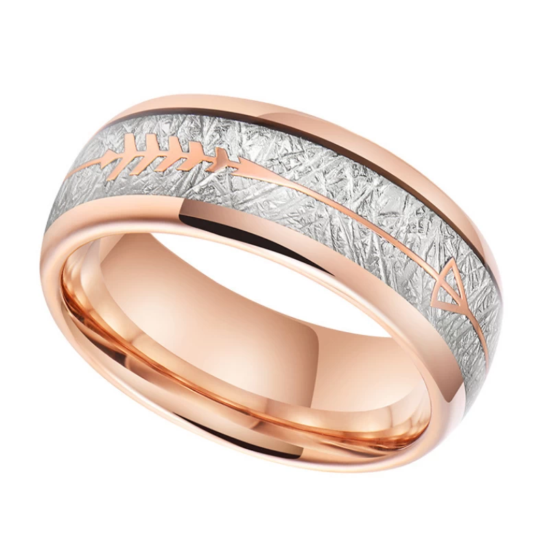 Großhandel für Herren-Eheringe, 8 mm Roségold-Wolframkarbid-Ring mit Meteoritenimitat und Pfeileinlage, China-Hersteller