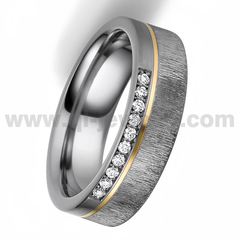 Anillos de pareja de tantalio puro de metal raro Anillo de tantalio puro con efecto de madera pulida y cepillada de 6 mm con incrustaciones de línea dorada y engastado con diamantes Proveedor de China