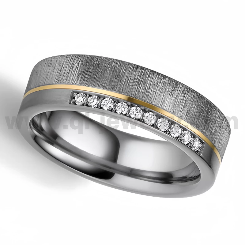Anillos de pareja de tantalio puro de metal raro Anillo de tantalio puro con efecto de madera pulida y cepillada de 6 mm con incrustaciones de línea dorada y engastado con diamantes Proveedor de China