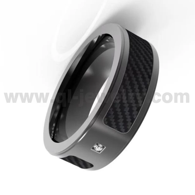 8 mm flacher schwarzer Titanring mit schwarzer Kohlefaser und 1 CZ-Stein, China Factory