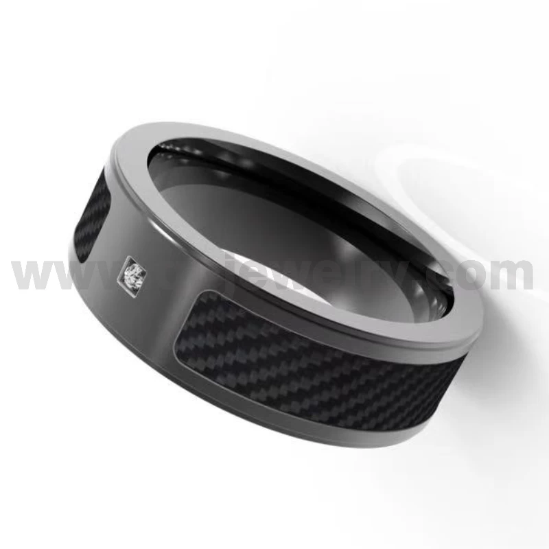 8 mm flacher schwarzer Titanring mit schwarzer Kohlefaser und 1 CZ-Stein, China Factory