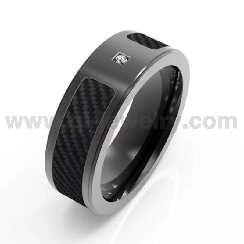 8 mm flacher schwarzer Titanring mit schwarzer Kohlefaser und 1 CZ-Stein, China Factory
