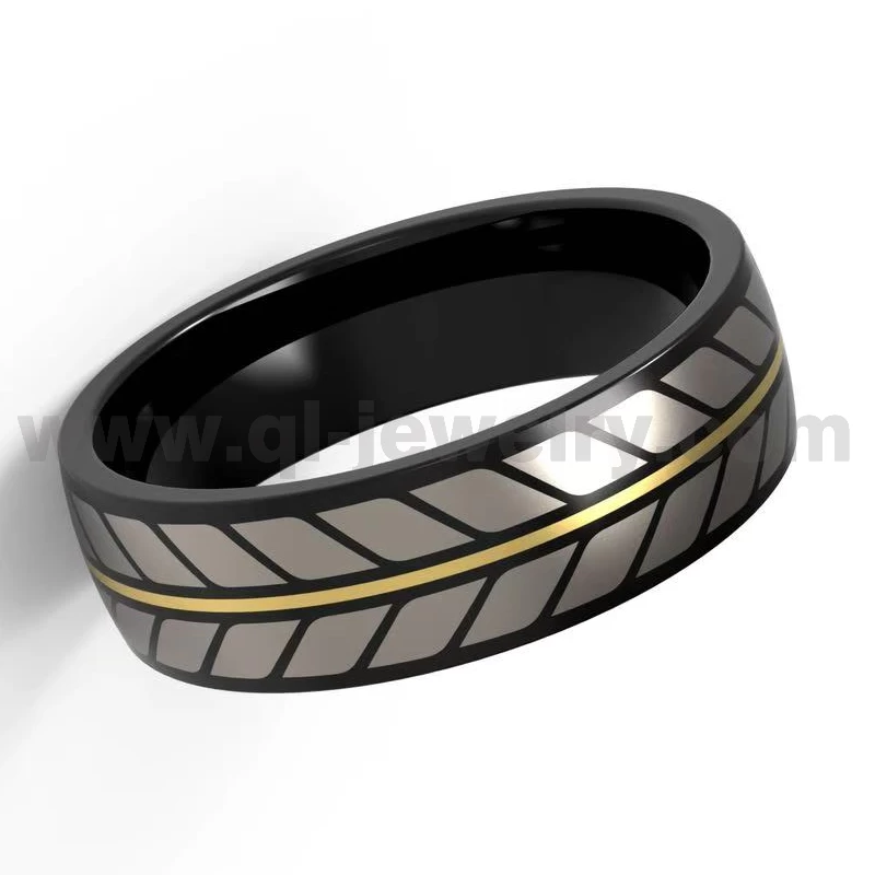 Fedi nuziali da uomo in titanio nero Anello in titanio nero bombato da 8 mm con linea dorata e motivo laser Produttore cinese