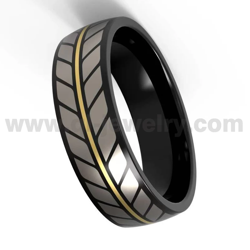 Fedi nuziali da uomo in titanio nero Anello in titanio nero bombato da 8 mm con linea dorata e motivo laser Produttore cinese
