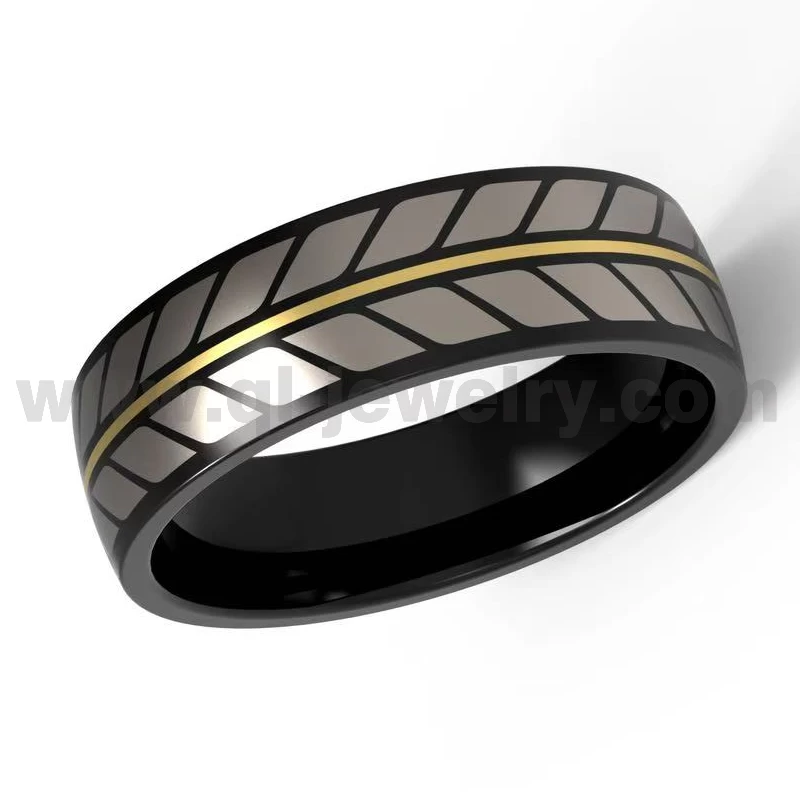 Fedi nuziali da uomo in titanio nero Anello in titanio nero bombato da 8 mm con linea dorata e motivo laser Produttore cinese