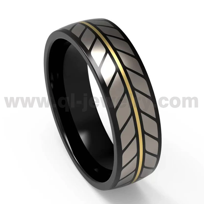 Fedi nuziali da uomo in titanio nero Anello in titanio nero bombato da 8 mm con linea dorata e motivo laser Produttore cinese