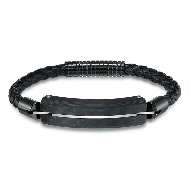 En stock Pulsera de cuero para hombre de acero inoxidable y fibra de carbono negra Pulsera de identificación plateada de fibra de carbono negra para hombre Fabricante de China