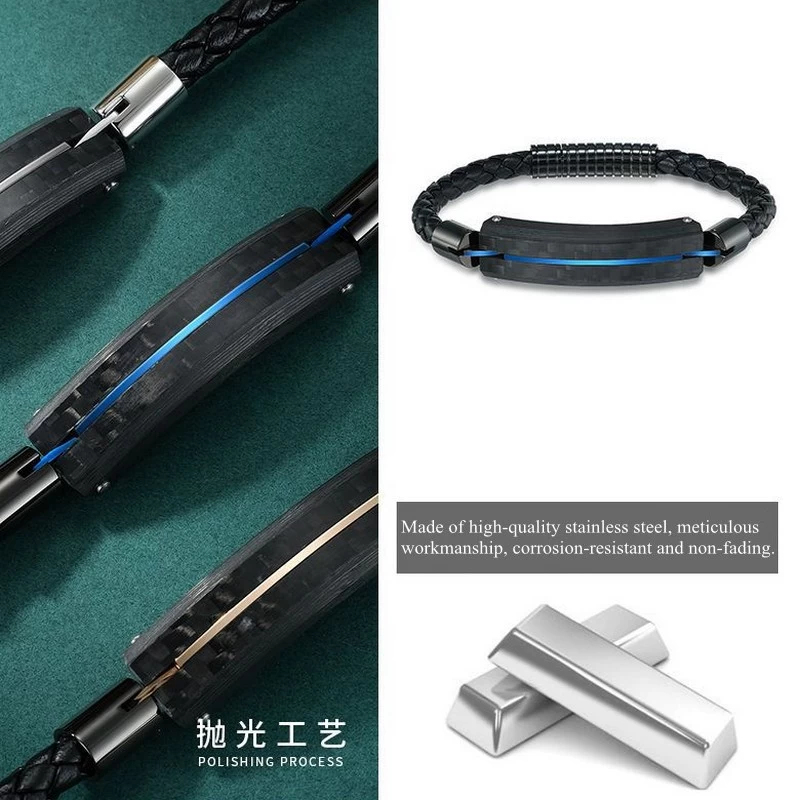 In Stock Black Carbon Fiber Stainless Steel Men Leather Bracelet Black Carbon Fiber ID Bracelet For Men China Manufacturer