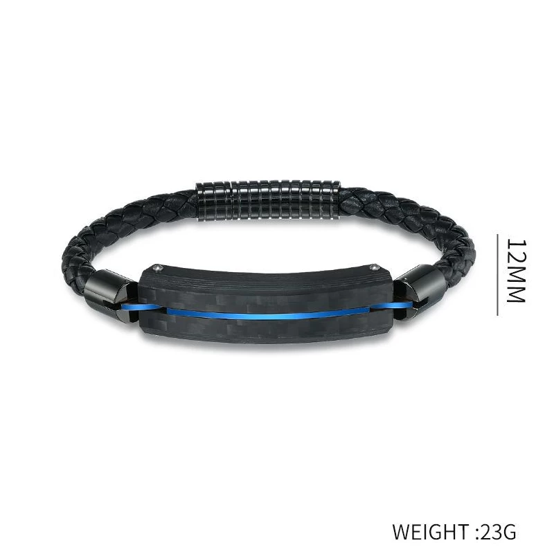 In Stock Black Carbon Fiber Stainless Steel Men Leather Bracelet Black Carbon Fiber ID Bracelet For Men China Manufacturer
