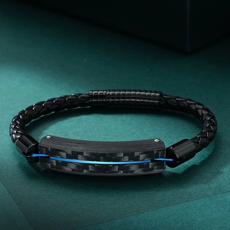 In Stock Black Carbon Fiber Stainless Steel Men Leather Bracelet Black Carbon Fiber ID Bracelet For Men China Manufacturer