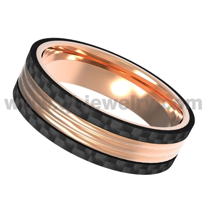 Factory - Made: 8mm Titanium and Carbon Fiber Ring with Rose - Gold Accents Unique Black Carbon Fiber Wedding Bands China Manufacturer