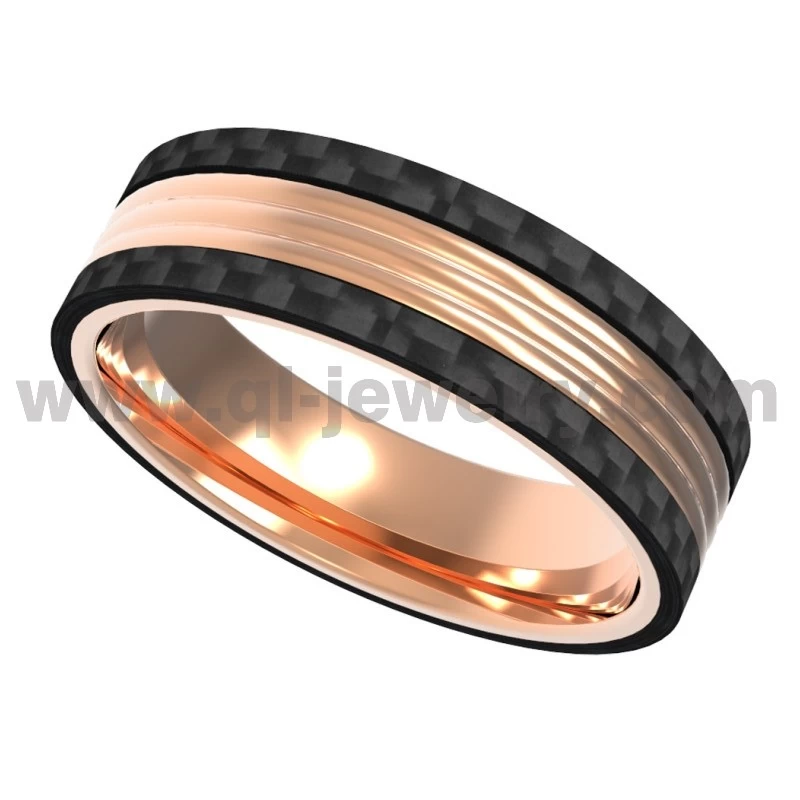 Factory - Made: 8mm Titanium and Carbon Fiber Ring with Rose - Gold Accents Unique Black Carbon Fiber Wedding Bands China Manufacturer