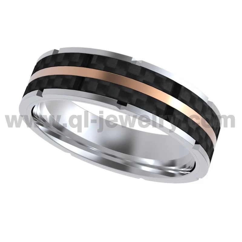 Light Weight Forged Carbon Fiber Ring 8mm Stylish Titanium Ring with Carbon Fiber and Rose - Gold Accent China Manufacturer