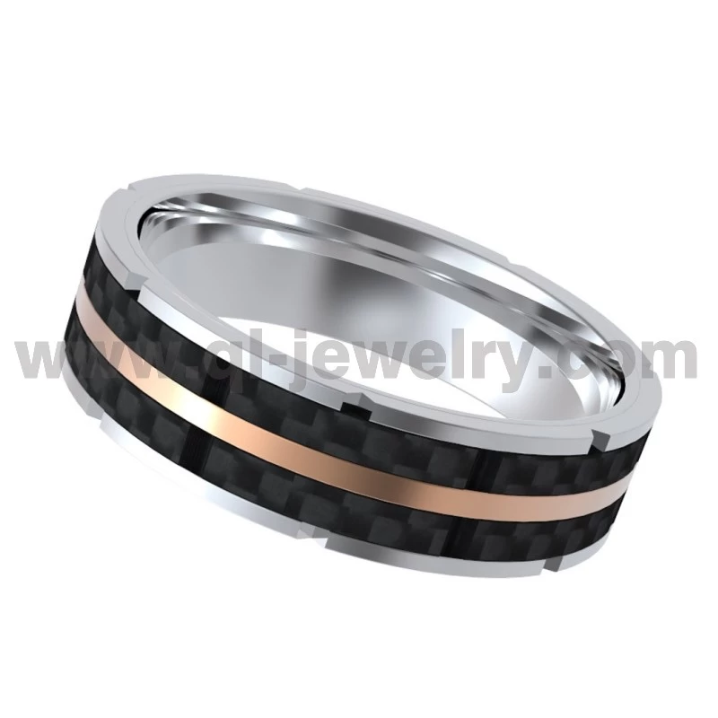 Light Weight Forged Carbon Fiber Ring 8mm Stylish Titanium Ring with Carbon Fiber and Rose - Gold Accent China Manufacturer