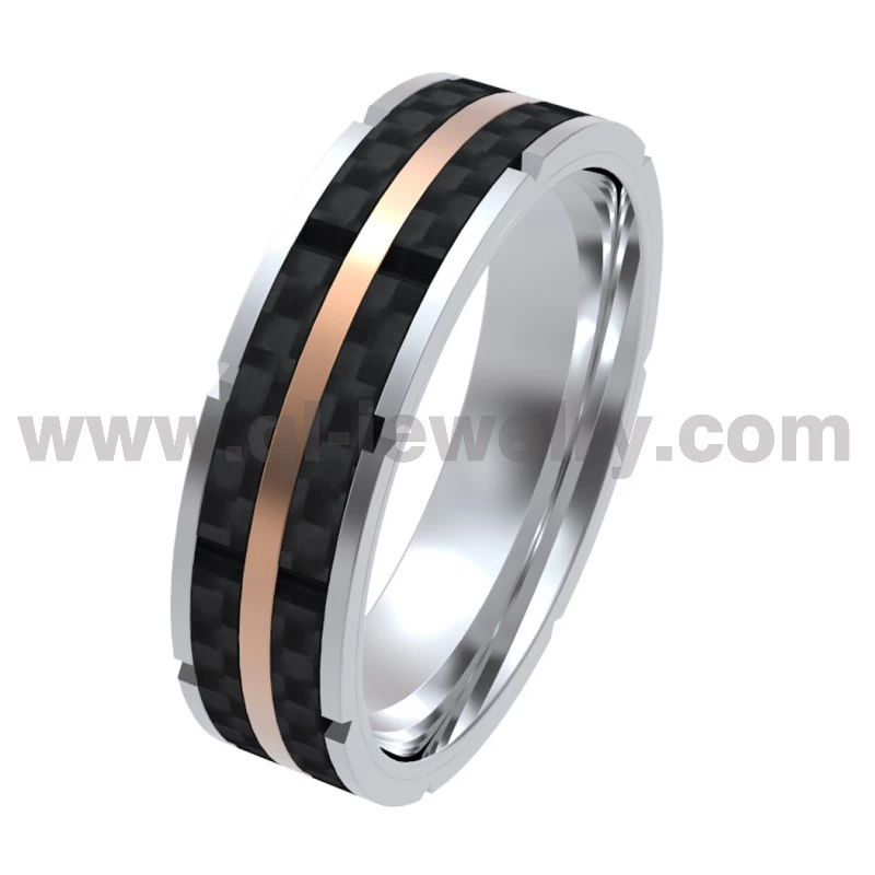 Light Weight Forged Carbon Fiber Ring 8mm Stylish Titanium Ring with Carbon Fiber and Rose - Gold Accent China Manufacturer