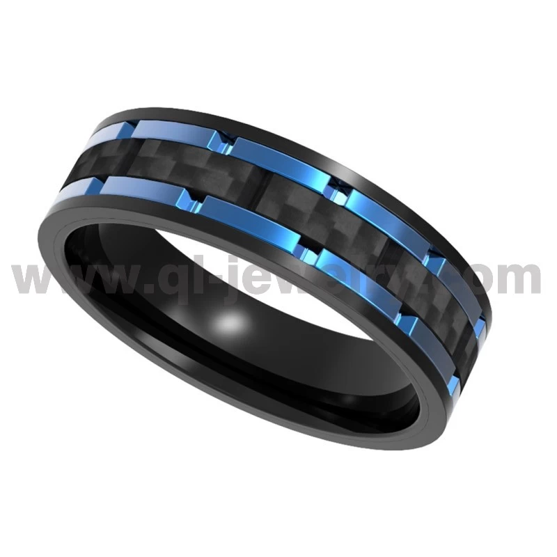 8mm Titan- und Kohlefaserring -Tech trifft einzigartiges Design schwarzer Kohlefaser und Blue Titanium Ehering China Hersteller China