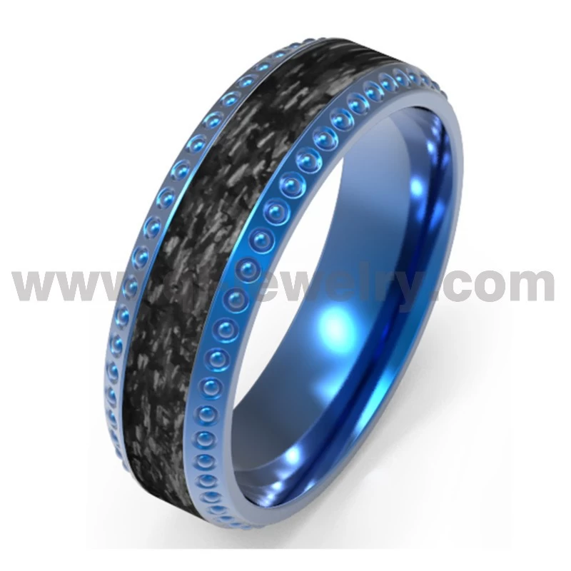 Presente el exquisito anillo de titanio azul con fibra de carbono negro incrustación de titanio azul de 8 mm y textura entrelazada Anillo de fibra de carbono negro China Fabricante