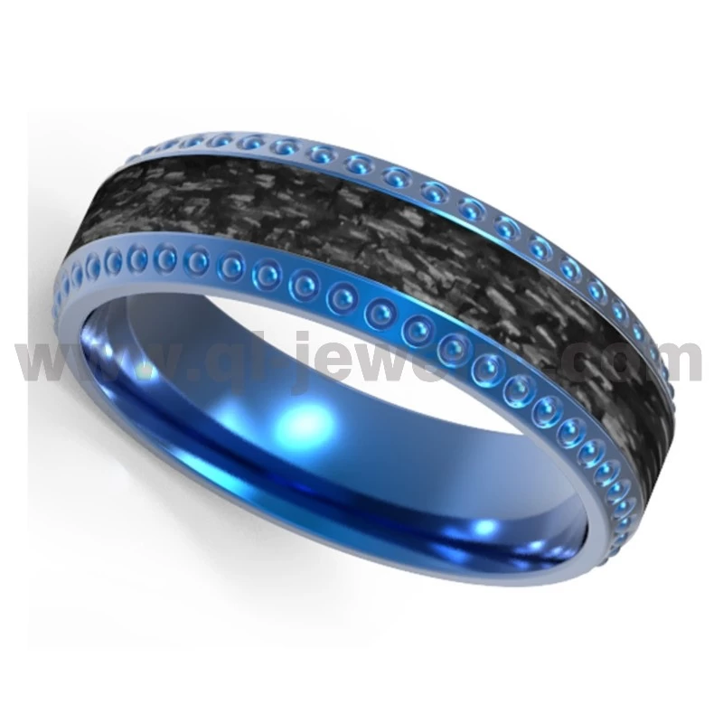 Presente el exquisito anillo de titanio azul con fibra de carbono negro incrustación de titanio azul de 8 mm y textura entrelazada Anillo de fibra de carbono negro China Fabricante