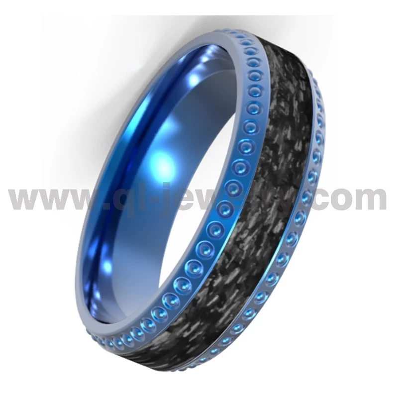 Presente el exquisito anillo de titanio azul con fibra de carbono negro incrustación de titanio azul de 8 mm y textura entrelazada Anillo de fibra de carbono negro China Fabricante