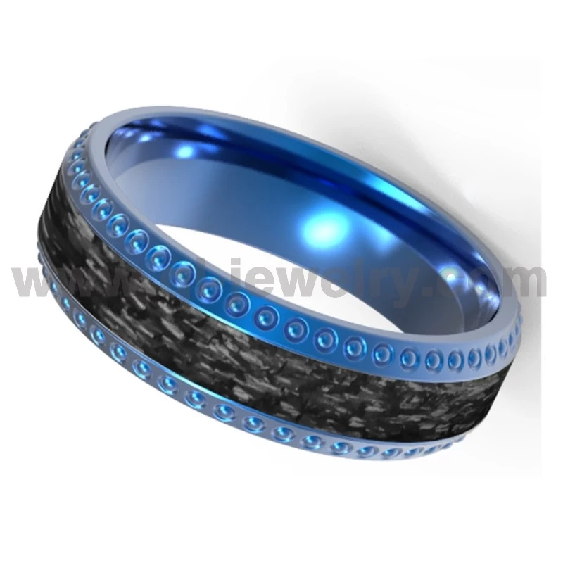 Presente el exquisito anillo de titanio azul con fibra de carbono negro incrustación de titanio azul de 8 mm y textura entrelazada Anillo de fibra de carbono negro China Fabricante