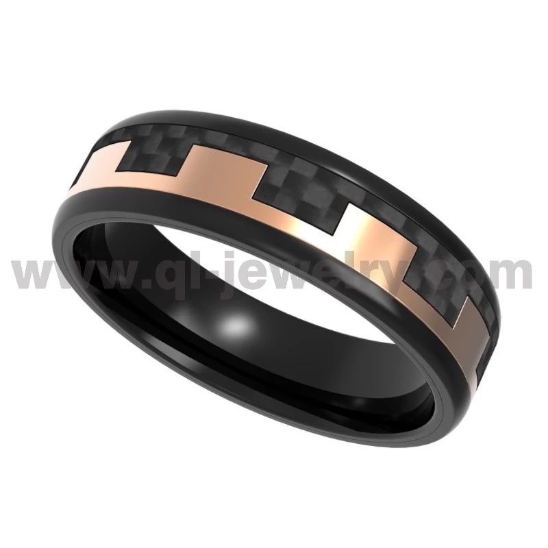 Materiales de alta calidad fibra de carbono negro y revestimiento de oro negro y rosa 316 anillo de acero inoxidable anillo de boda de fibra de carbono negro fibra de porcelana fabricante