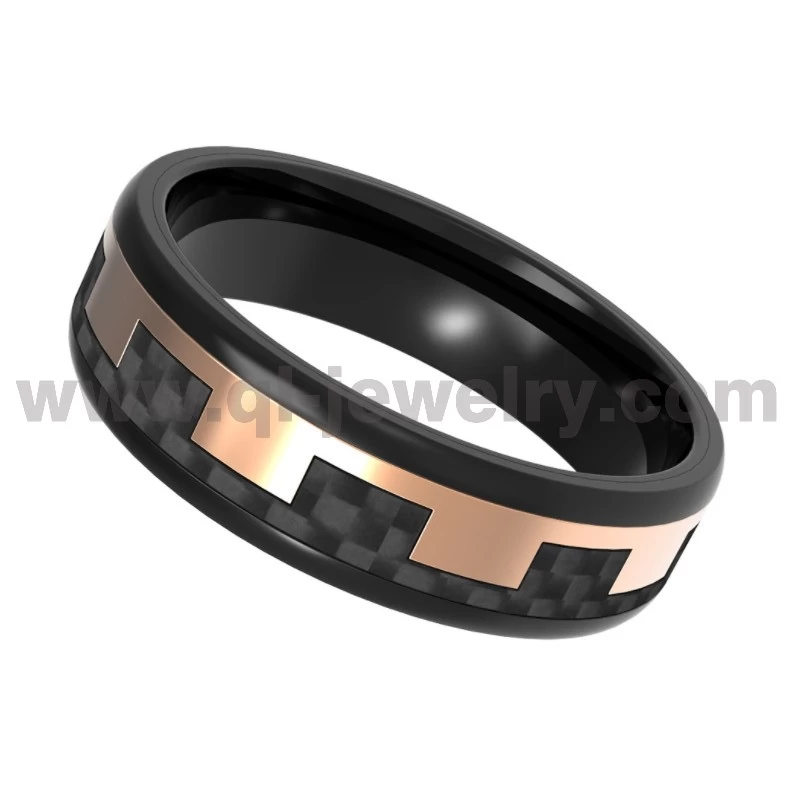 Materiales de alta calidad fibra de carbono negro y revestimiento de oro negro y rosa 316 anillo de acero inoxidable anillo de boda de fibra de carbono negro fibra de porcelana fabricante
