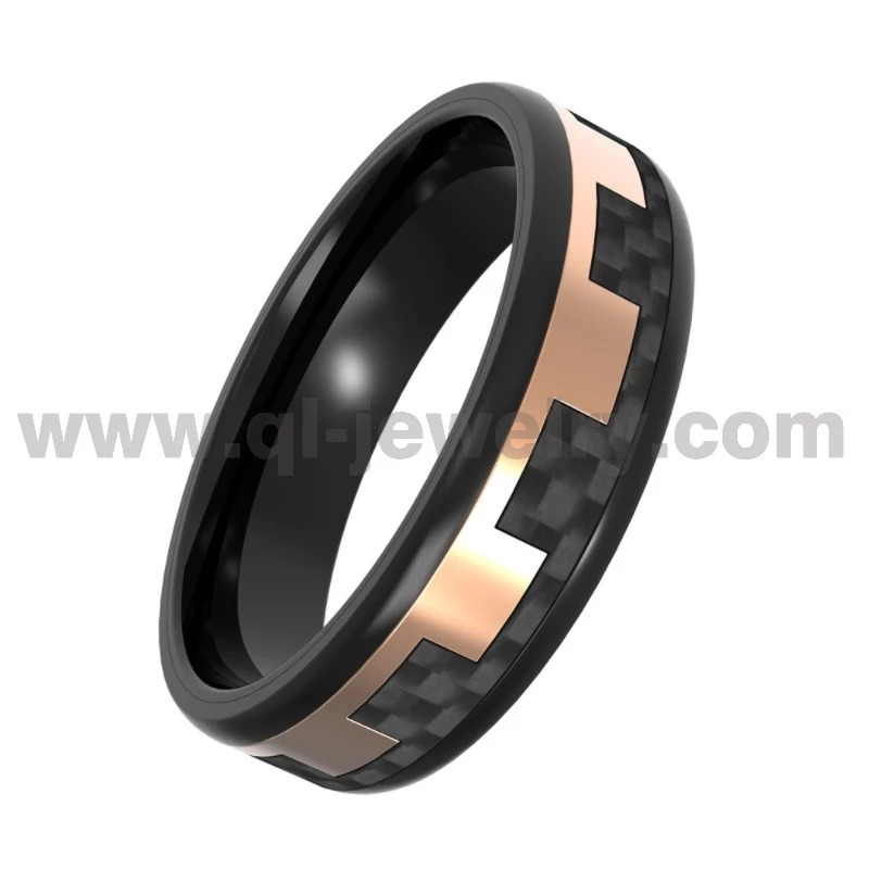 Materiales de alta calidad fibra de carbono negro y revestimiento de oro negro y rosa 316 anillo de acero inoxidable anillo de boda de fibra de carbono negro fibra de porcelana fabricante