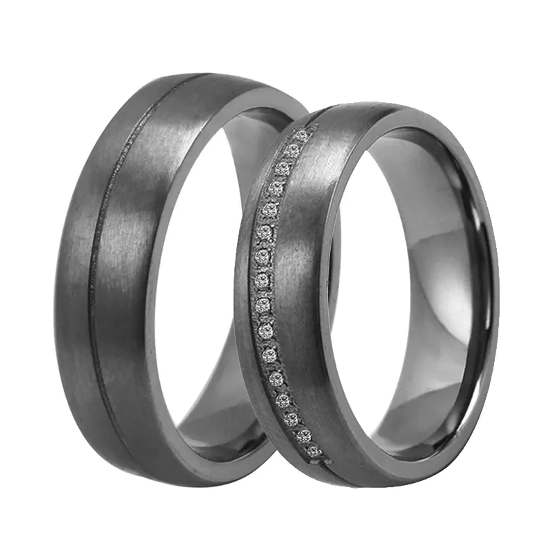 Rare Metal High Purity Tantalum Couple Rings 6mm Domed High Polished and Brushed Women's Tantalum Ring with White CZ Stones China Manufacturer