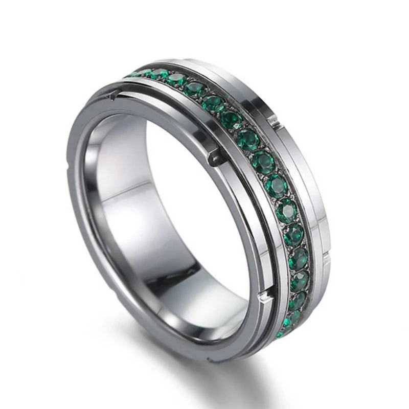 Designer High Quality 8mm Flat and Step Edges Tungsten Carbide Ring with Green CZ Stones Tungsten Wedding Bands for Men China Manufacturer
