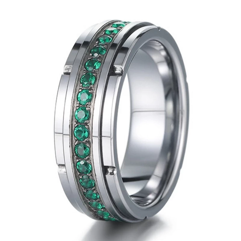 Designer High Quality 8mm Flat and Step Edges Tungsten Carbide Ring with Green CZ Stones Tungsten Wedding Bands for Men China Manufacturer
