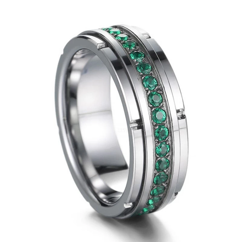 Designer High Quality 8mm Flat and Step Edges Tungsten Carbide Ring with Green CZ Stones Tungsten Wedding Bands for Men China Manufacturer