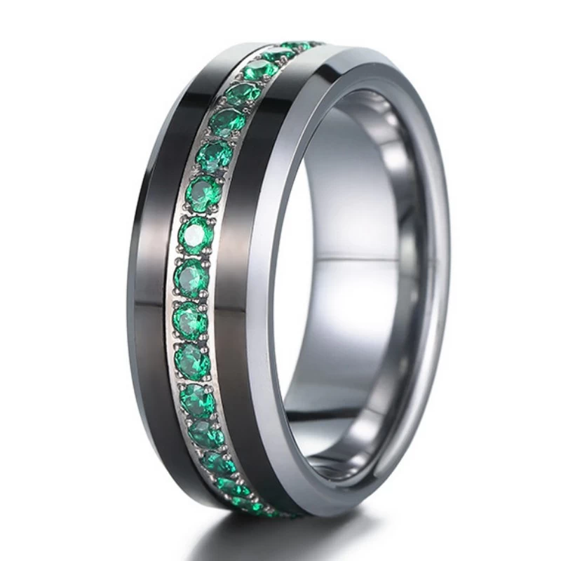 Nouveau design de haute qualité de 8 mm à plat et bords biseautés anneau en carbure de tungstène avec des bandes de mariage en tungstène de pierres vertes pour hommes fabricant chinois