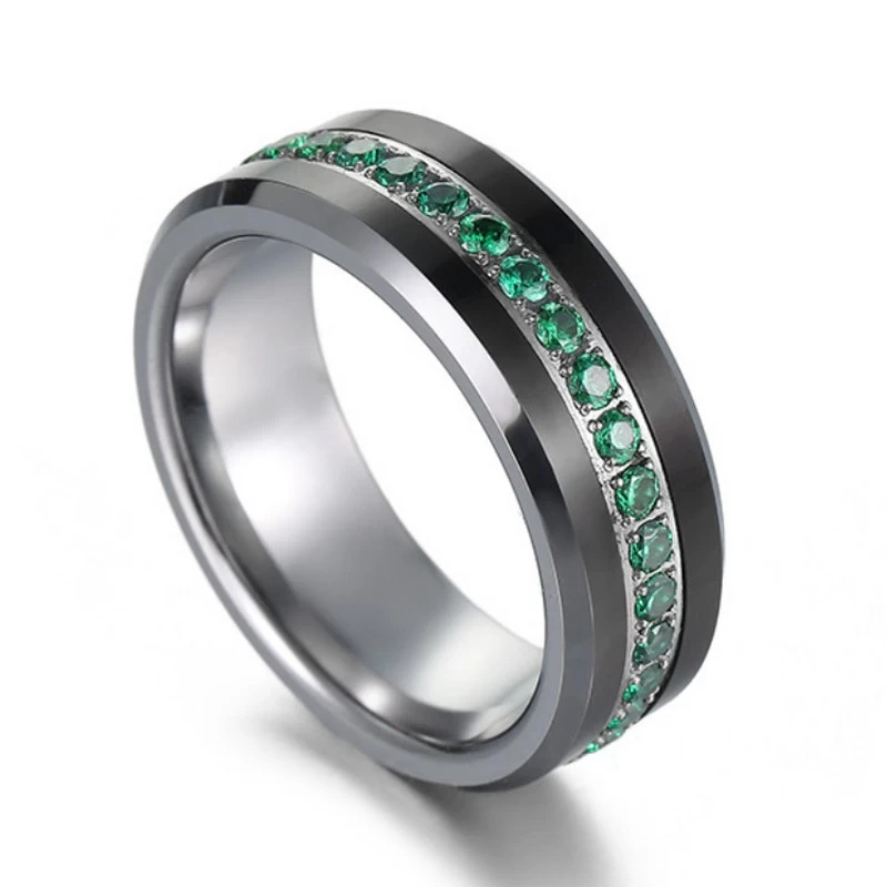 Nouveau design de haute qualité de 8 mm à plat et bords biseautés anneau en carbure de tungstène avec des bandes de mariage en tungstène de pierres vertes pour hommes fabricant chinois