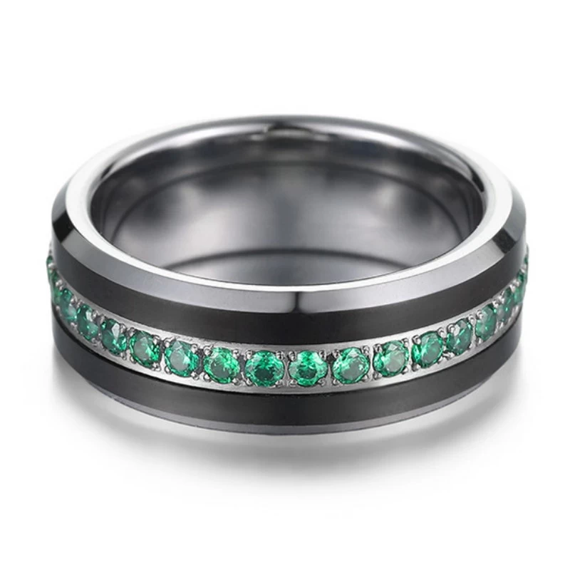 Nouveau design de haute qualité de 8 mm à plat et bords biseautés anneau en carbure de tungstène avec des bandes de mariage en tungstène de pierres vertes pour hommes fabricant chinois