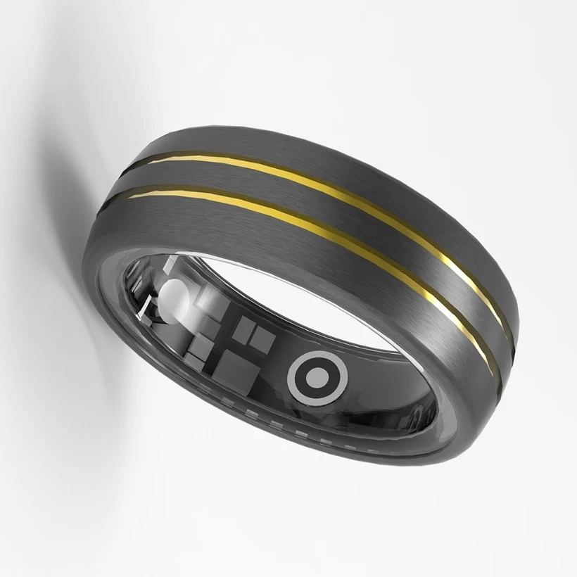 OEM/ODM Smart Ringe gewölbter schwarzer Wolfram Carbide Health Smart Ring mit goldenen Linien Herzfrequenz Wasserdicht heiß verkauft Fashion Männer Sport Ring China Hersteller