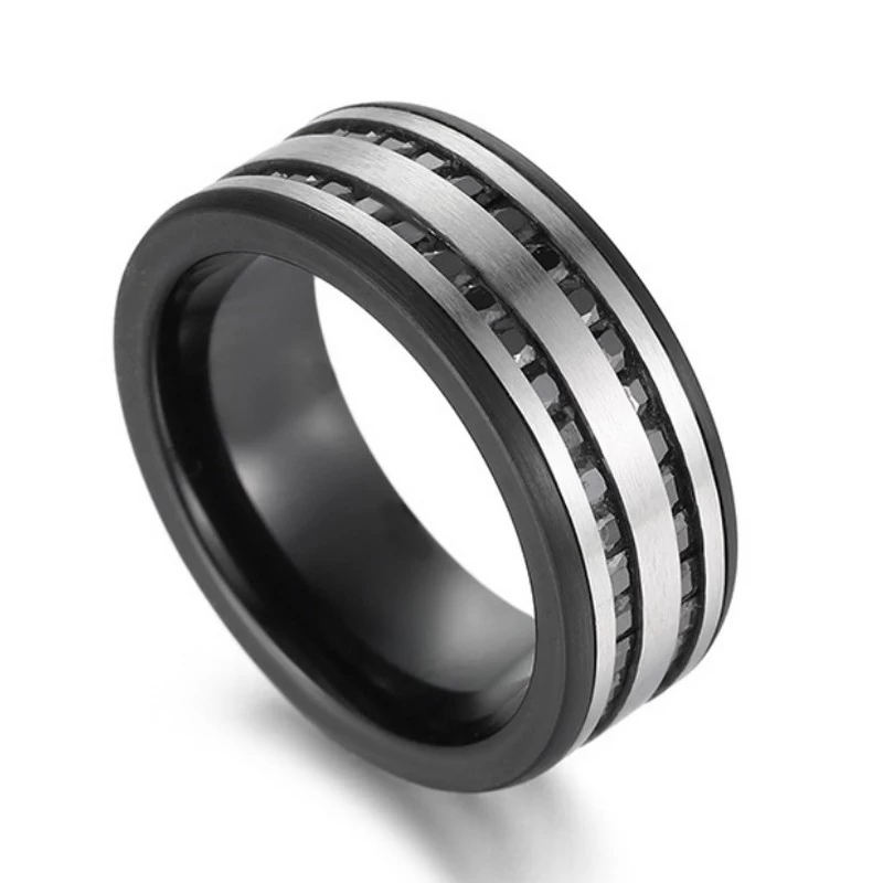 Anillo de carburo de tungsteno negro de diseño de alta calidad con contraste cepillado y acentos de circonio cúbico Proveedor de porcelana