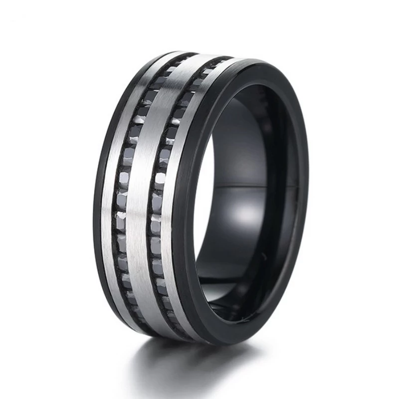Anillo de carburo de tungsteno negro de diseño de alta calidad con contraste cepillado y acentos de circonio cúbico Proveedor de porcelana