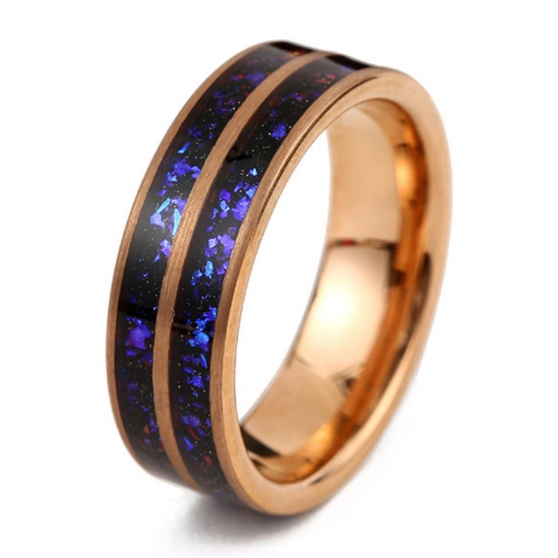 Großhandel 8 mm doppelte Band mit Black Goldstone & Opal Inlay | Roségold Elektroplattiert & mattes Sandstrahlungs -Tungsten -Ehering China Hersteller