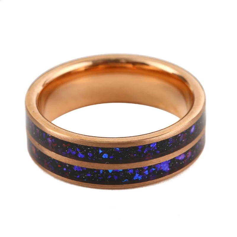 Großhandel 8 mm doppelte Band mit Black Goldstone & Opal Inlay | Roségold Elektroplattiert & mattes Sandstrahlungs -Tungsten -Ehering China Hersteller